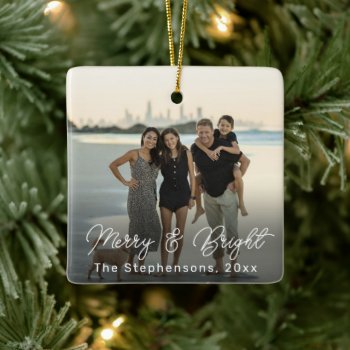 Merry And Bright Typography Custom Photo Family Ceramic Ornament by ChristmasCardShop at Zazzle