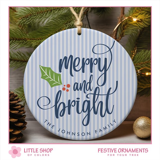 Merry and Bright Typography Customizable Photo  Ceramic Ornament (Creator Uploaded)
