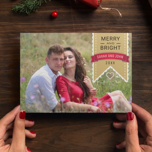 Merry and Bright  Typography Ribbon Photo Holiday Card