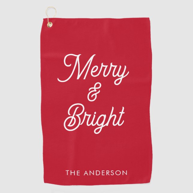 Merry and Bright Typography Script Red Christmas Golf Towel (Front)