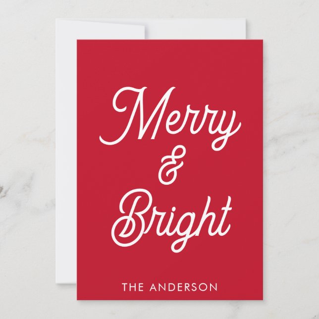 Merry and Bright Typography Script Red Christmas Holiday Card (Front)