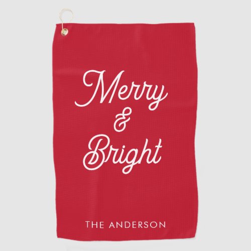 Merry and Bright Typography Script Red  Golf Towel