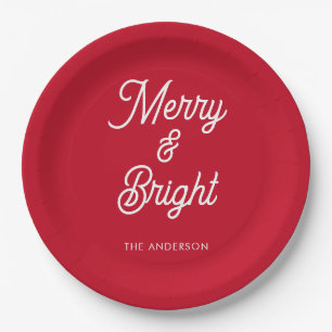 Merry and Bright Typography Script Red  Paper Plates