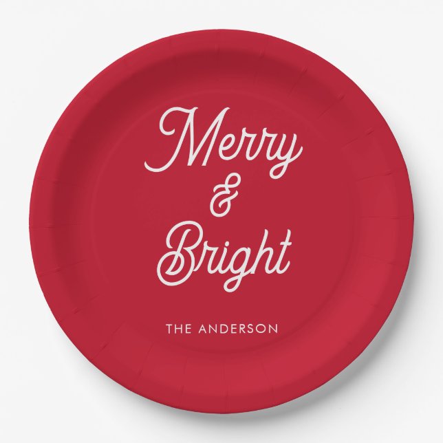 Merry and Bright Typography Script Red  Paper Plates (Front)