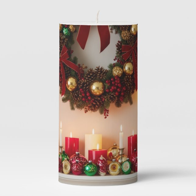 Merry and Bright Victorian ornament Pillar Candle (Front)