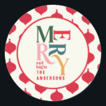 Merry and bright vintage colorful Christmas family Classic Round Sticker<br><div class="desc">Colourful vintage graphic typography merry chritsmas sticker. Part of a bold fun holiday collection.</div>