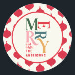 Merry and bright vintage colorful Christmas family Classic Round Sticker<br><div class="desc">Colourful vintage graphic typography merry chritsmas sticker. Part of a bold fun holiday collection.</div>