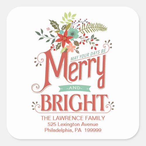 Merry and Bright Vintage Holiday Country Floral Square Sticker