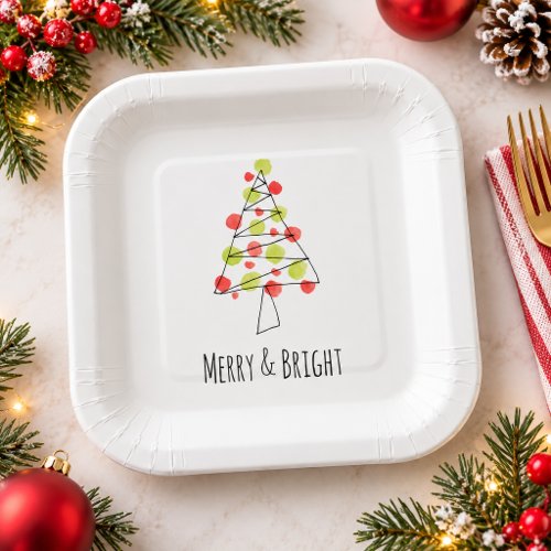 Merry and Bright Watercolor Christmas Tree Custom Paper Plates