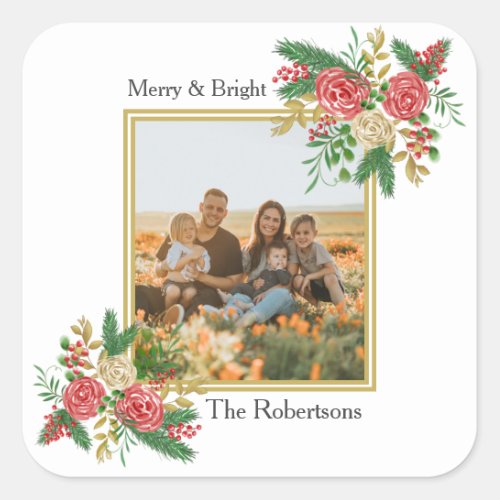 Merry and Bright Watercolor Family Photo Holiday  Square Sticker