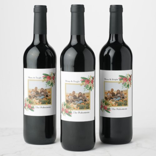 Merry and Bright Watercolor Family Photo Holiday  Wine Label