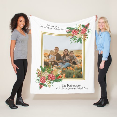 Merry and Bright Watercolor Floral Family Photo Fleece Blanket