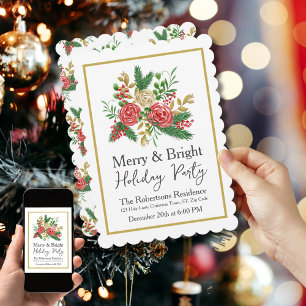 Merry and Bright Watercolor Floral Holiday Party Invitation