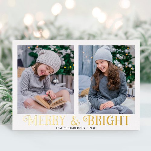 Merry and Bright white gold modern two photos Foil Holiday Card