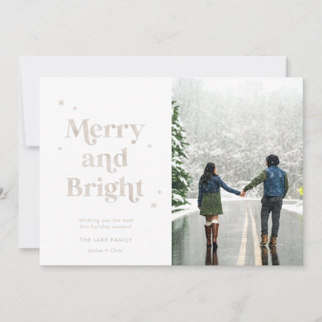 Merry and Bright White Gold Photo Holiday Card (Front)