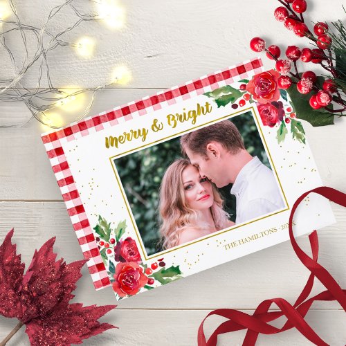 Merry And Bright Winter Flowers Christmas Photo Invitation