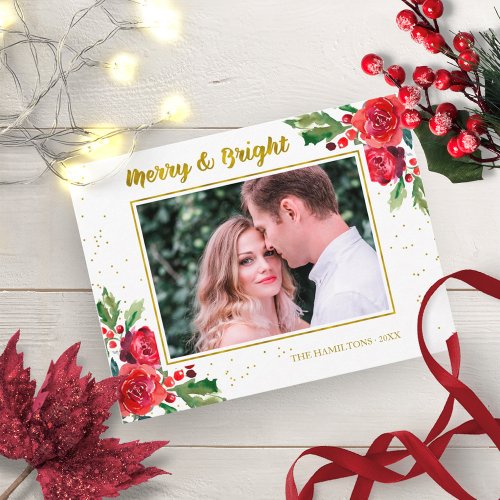 Merry And Bright Winter Flowers Christmas Photo Postcard