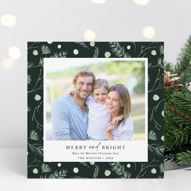 Merry and Bright Winter Greenery Photo Square  Holiday Card (Creator Uploaded)