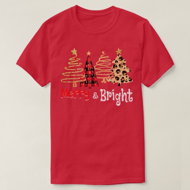 Merry And Bright Women Funny Leopard Plaid Christm T-Shirt (Design Front)