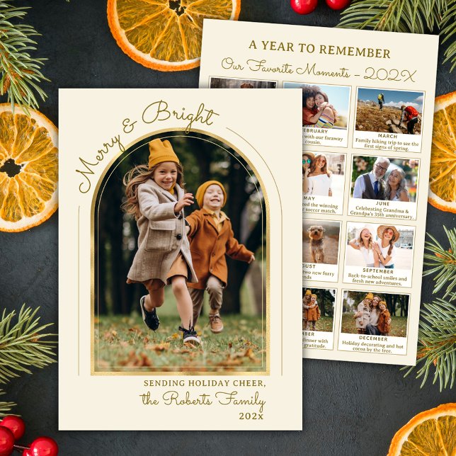 Merry and Bright Year in Review Gold Arch Photo  Holiday Card (Creator Uploaded)