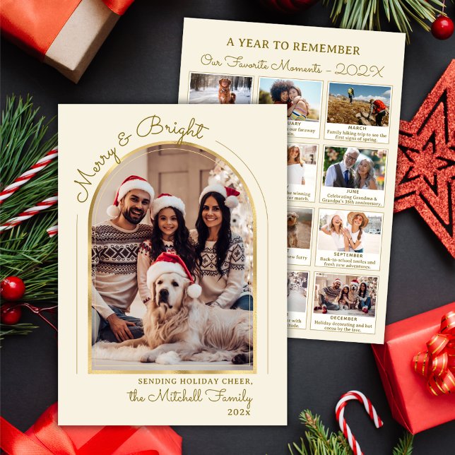 Merry and Bright Year in Review Gold Arch Photo Holiday Card (Creator Uploaded)