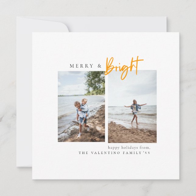 Merry and Bright Yellow Modern Minimalist Photo Holiday Card (Front)