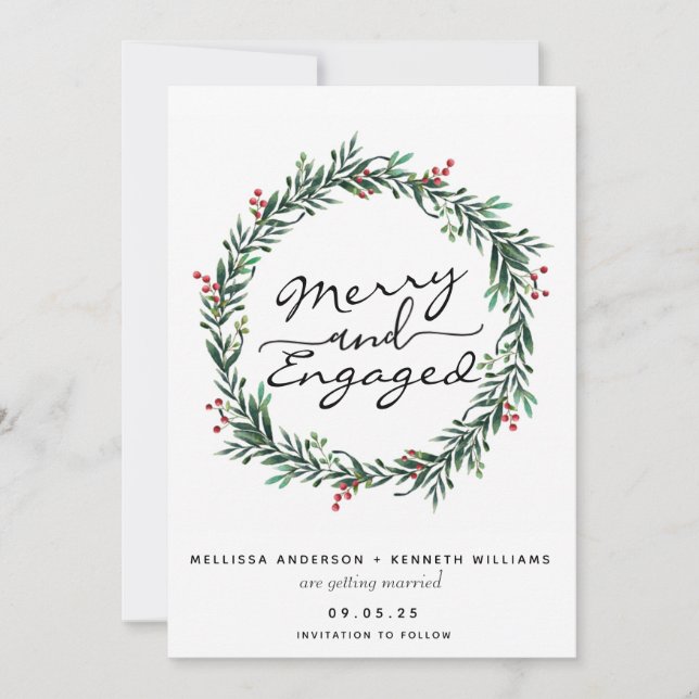 Merry and Engaged Christmas Wreath Save The Date Holiday Card (Front)