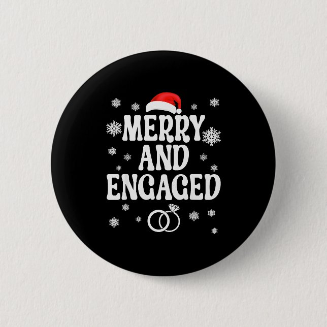 Merry And Engaged Couple Christmas Matching Pajama Button (Front)