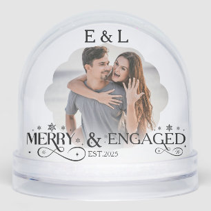 Merry and Engaged Couple Photo Holly Script Snow Globe