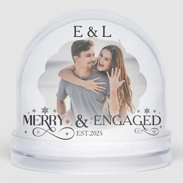 Merry and Engaged Couple Photo Holly Script Snow Globe (Front)