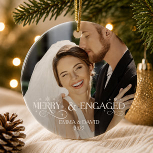 Merry and Engaged Couple Photo Snowflake Script Ceramic Ornament
