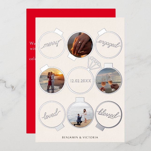 Merry and Engaged Ornaments Multiple Photo Foil Holiday Card (Front/Back)