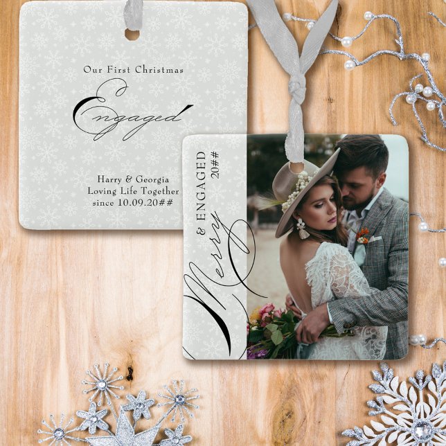 Merry and Engaged Script Vertical Photo Snowflake Ceramic Ornament (Creator Uploaded)