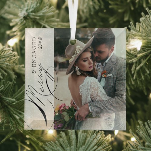 Merry and Engaged Script Vertical Photo Snowflake Glass Ornament