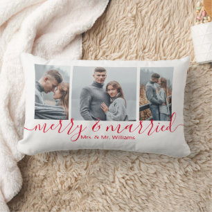 merry and married, 3 photos collage newlyweds lumbar pillow