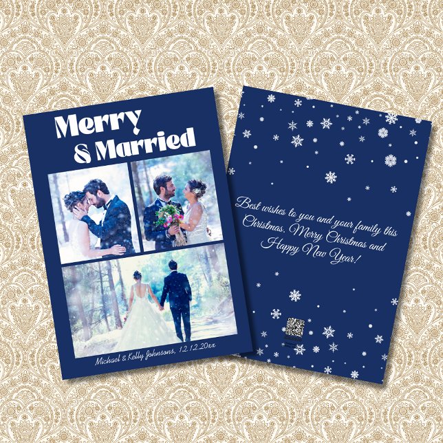 merry and married 3 photos collage wedding blue holiday card (Creator Uploaded)
