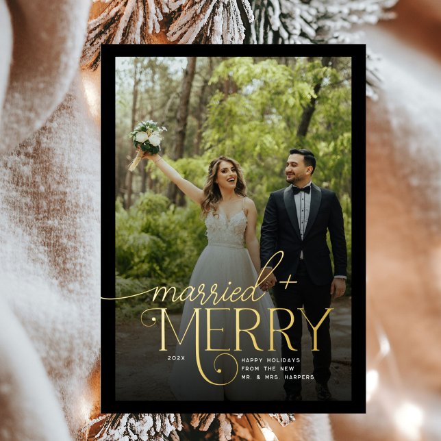 Merry and Married 3 Photos Newlyweds Christmas Foil Holiday Card (Creator Uploaded)