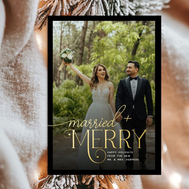 Merry and Married 3 Photos Newlyweds Christmas Foil Holiday Card (Creator Uploaded)