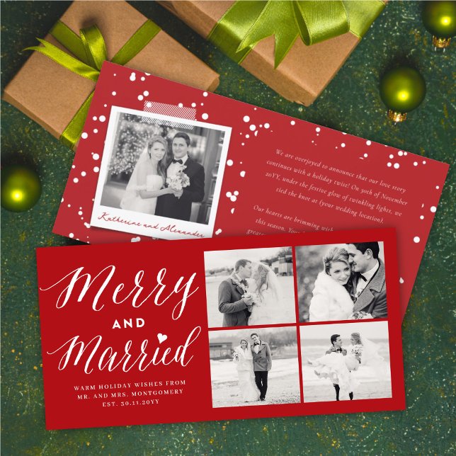 Merry And Married 4 Photo Collage Modern Wedding Holiday Card (Creator Uploaded)