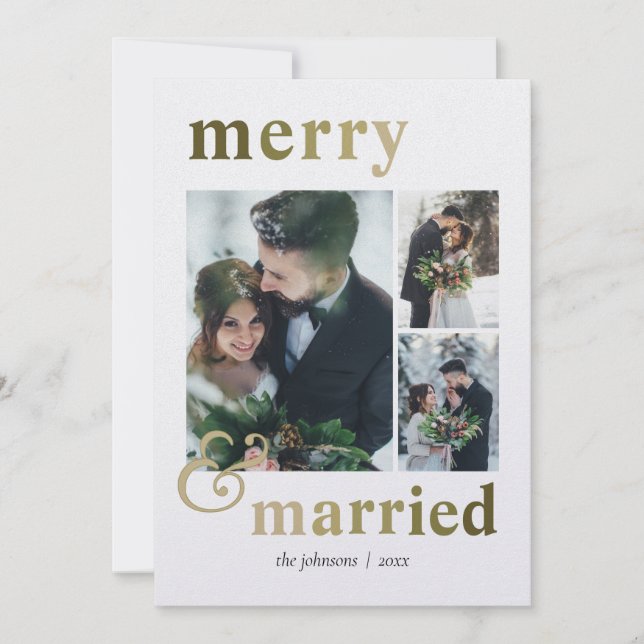 Merry and Married 4 Photo Collage Winter Christmas Holiday Card (Front)