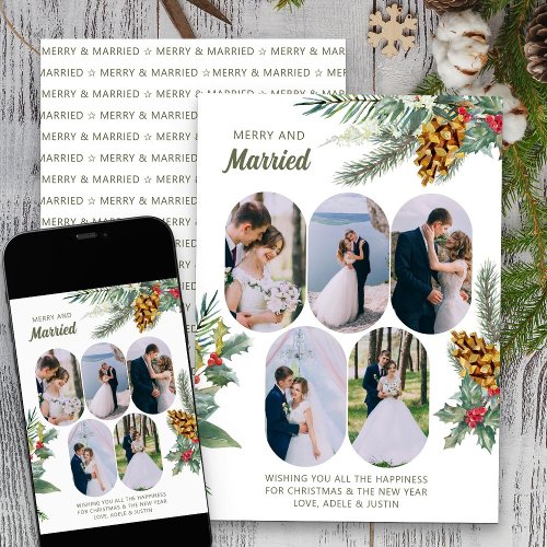 Merry and Married 5 Photo Holly and Pine Newlyweds Holiday Card