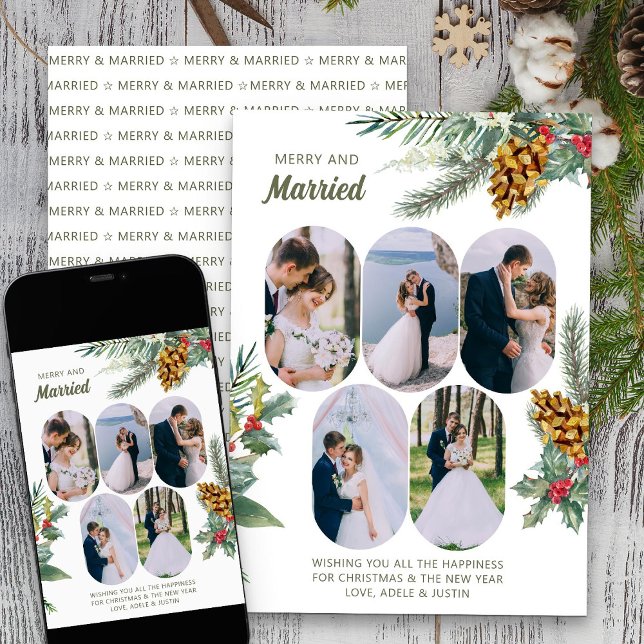 Merry and Married 5 Photo Holly and Pine Newlyweds Holiday Card (Merry & Married Photo Holiday Card from Rounded Lozenge Photo Collage collection)