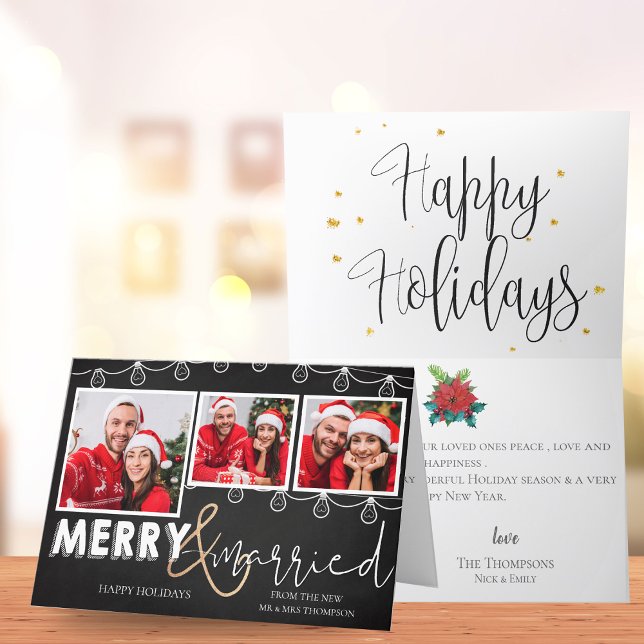 Merry And Married Black White 3 Photos Christmas Holiday Card (Merry And Married Black White 3 Photos Christmas Holiday Card)
