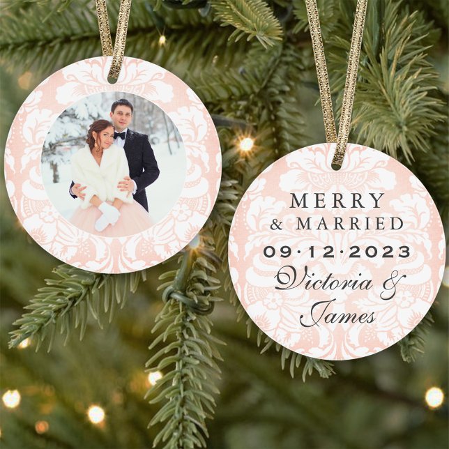Merry and Married Blush Damask Wedding Photo Ornament (Creator Uploaded)