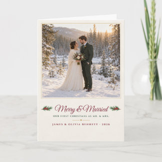 Merry and Married Burgundy First Christmas Folded Holiday Card