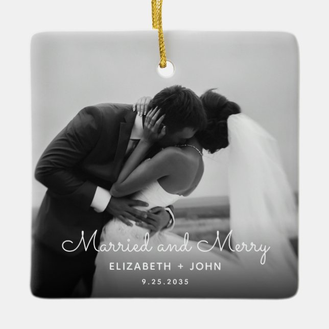 Merry and Married Calligraphy Newlyweds Modern Ceramic Ornament (Front)