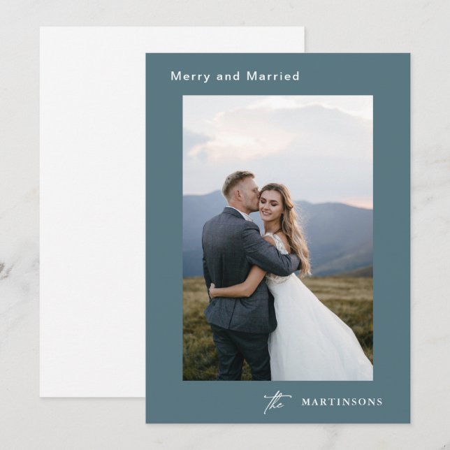 Merry and Married Calligraphy Photo Christmas Holiday Card (Front/Back)