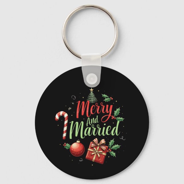 Merry and Married Celebrating Your First Christmas Keychain (Front)