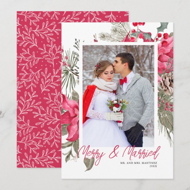Merry and Married Christmas Photo Red Poinsettia Holiday Card (Front/Back)