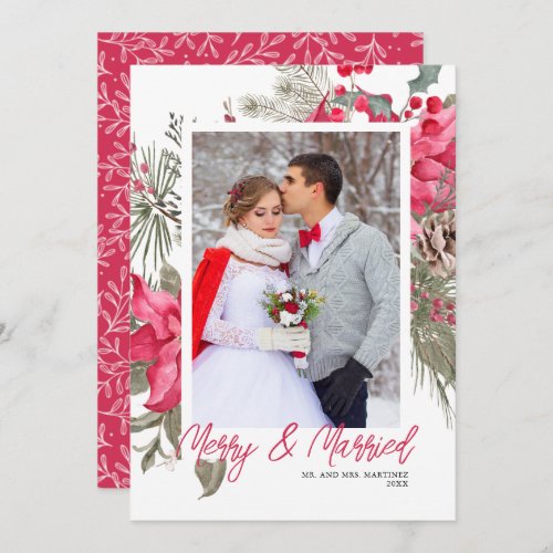 Merry and Married Christmas Photo Red Poinsettia Holiday Card